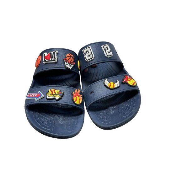 Crocs Slides Sandals Unisex Navy Blue Jibbitz Included M8 W10 - Picture 6 of 7